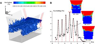 Analysis on phase distribution and flow field morphology in double side blown gas-liquid mixture flows with high temperature and high density melt